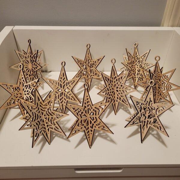 Set of 10 Wooden 3D Snowflake Stars